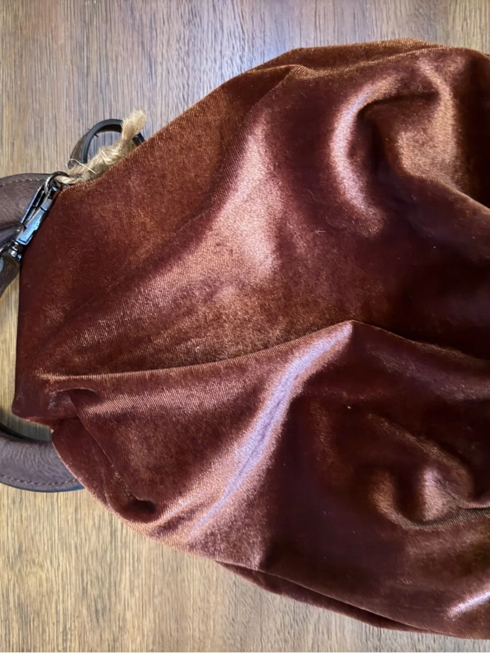 Velvet Ring Handle Crossbody Bag Brown w/ Leather Strap